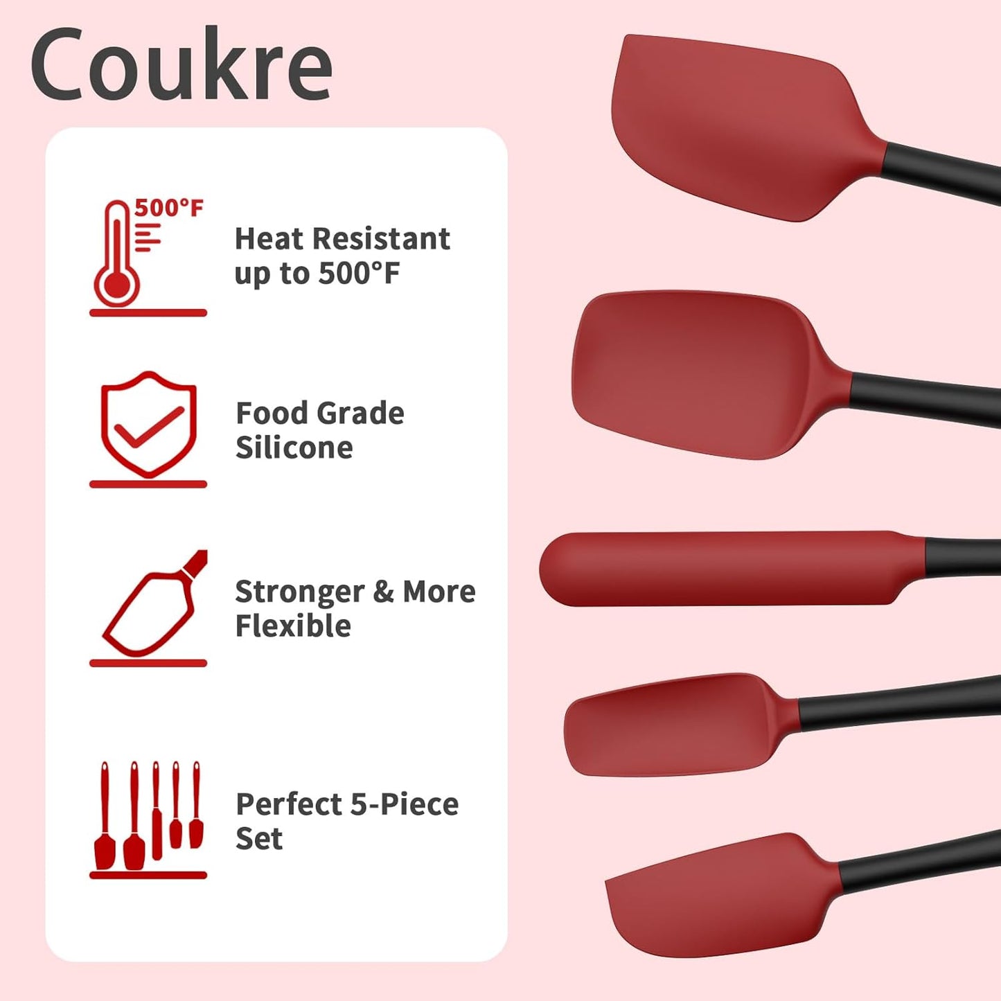 Set 5 Espátulas Silicón Alimenticio Resistentes Hornear Rojo Negro