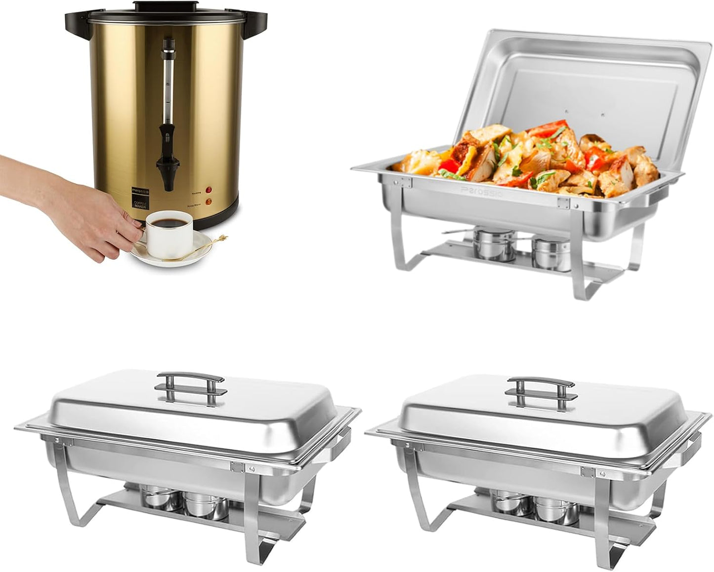 Set 3 Chafer Acero Inox 8qt con Cafetera 6l 38 Tazas Oro