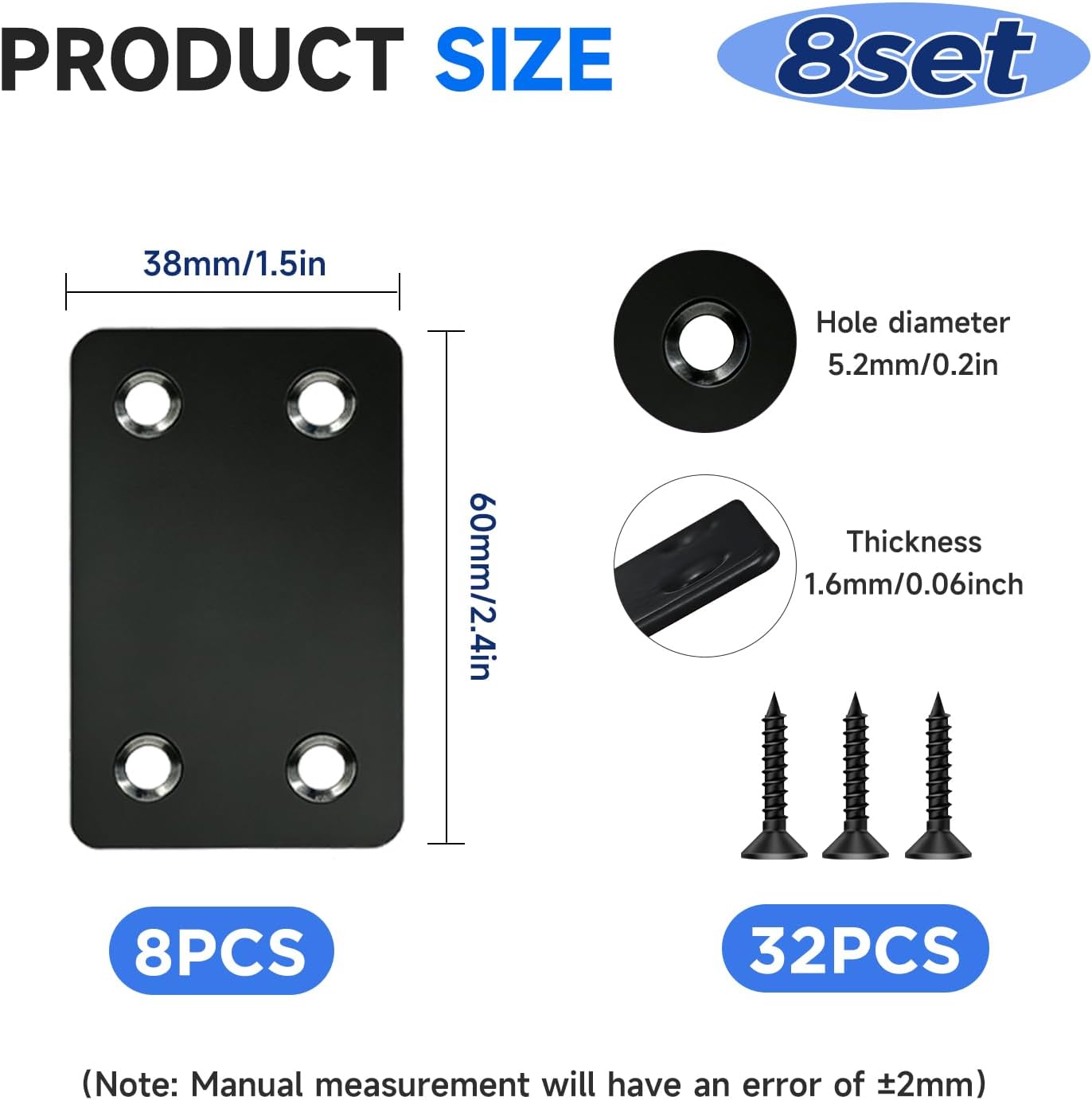 Soportes planos metal negro 2.4x1.5pulg para acero inox