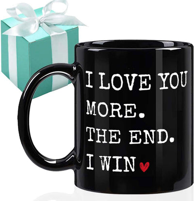 Taza de café "I Love You More the End I Win" regalo San Valentín boda color negro