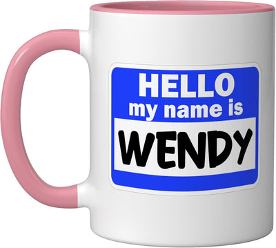 Taza de cerámica con nombre Wendy en nametag rosa y blanco