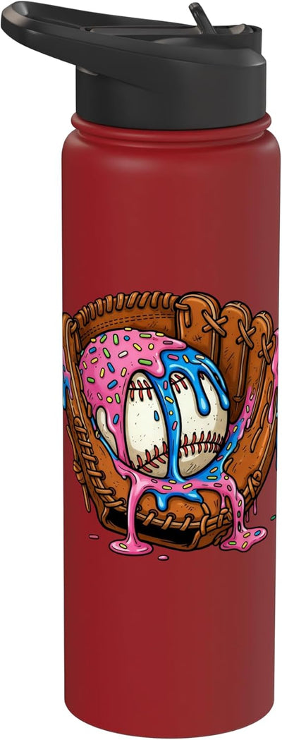 Botella de agua aislada de acero inoxidable con detalles de helado y guantes de béisbol