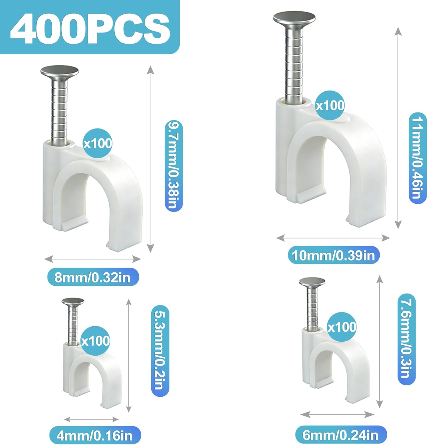 400 Grapas Cable Blancas Clips Alambre 0.157-0.394pulg Con Clavos