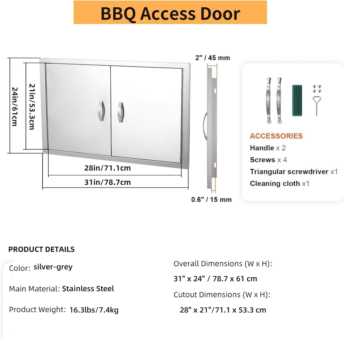 Puerta acceso barbacoa 31x24pulg acero inox 304 resistente
