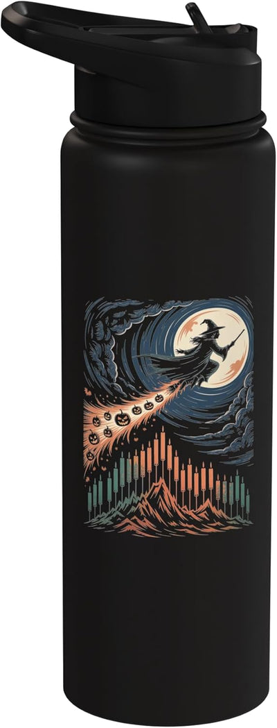 Bottella de agua aislada de acero inoxidable arte Halloween bruja volando sobre calabaza