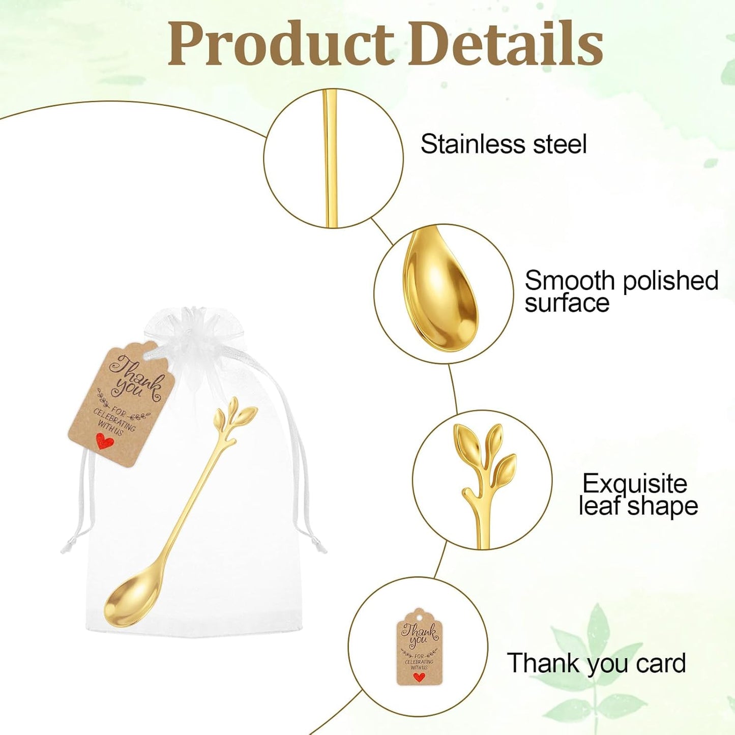 Cucharas de té de acero inoxidable para regalos de boda y fiestas con tarjetas de agradecimiento