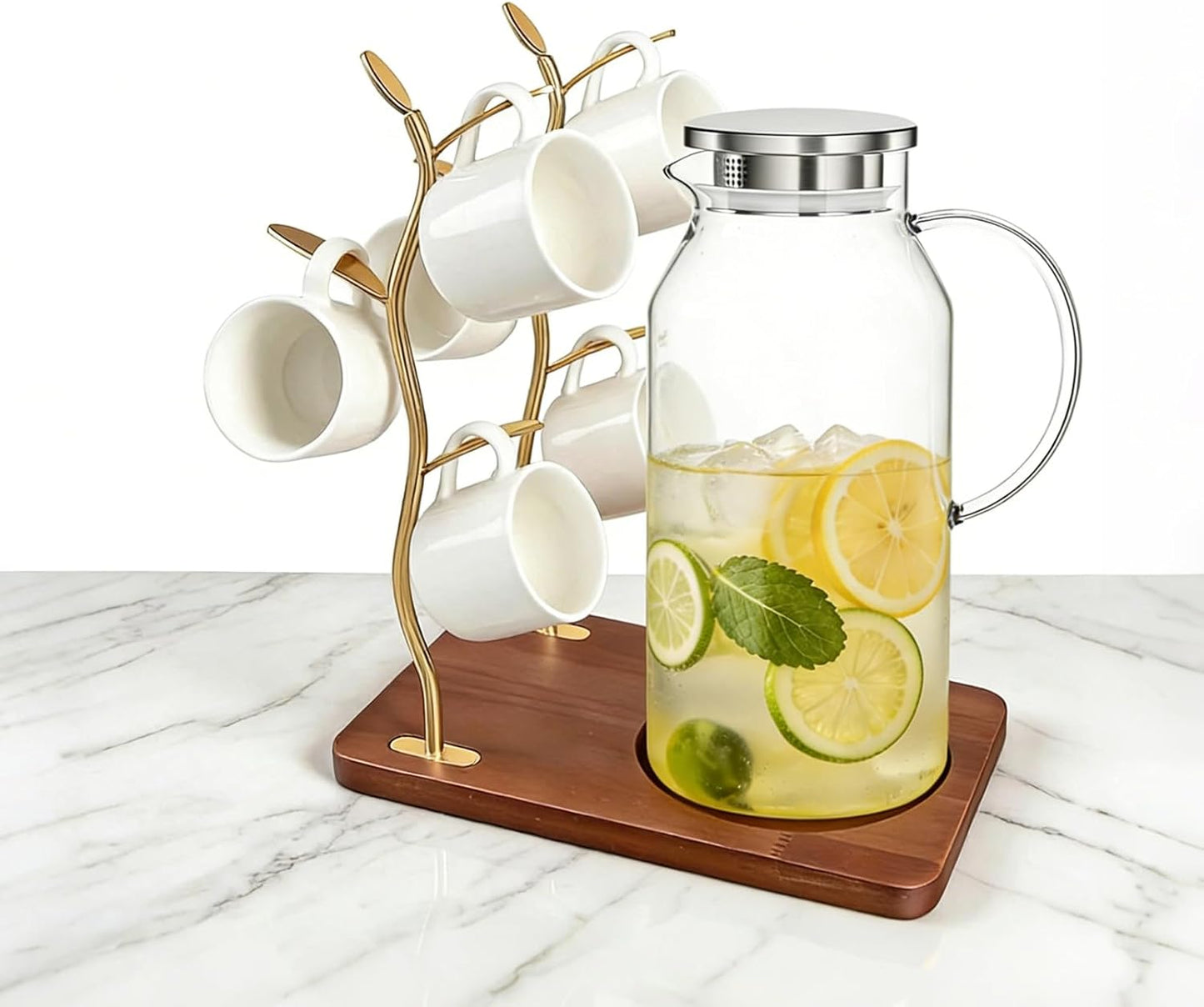 Soporte tazas madera 8 ganchos dorados antideslizante