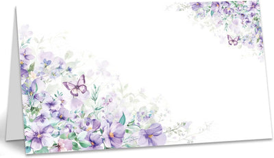 Tarjetas de lugar con diseño de mariposas florales moradas para mesa de baby shower y boda