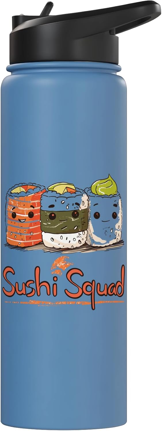 Botella de agua acero inoxidable aislada comida japonesa