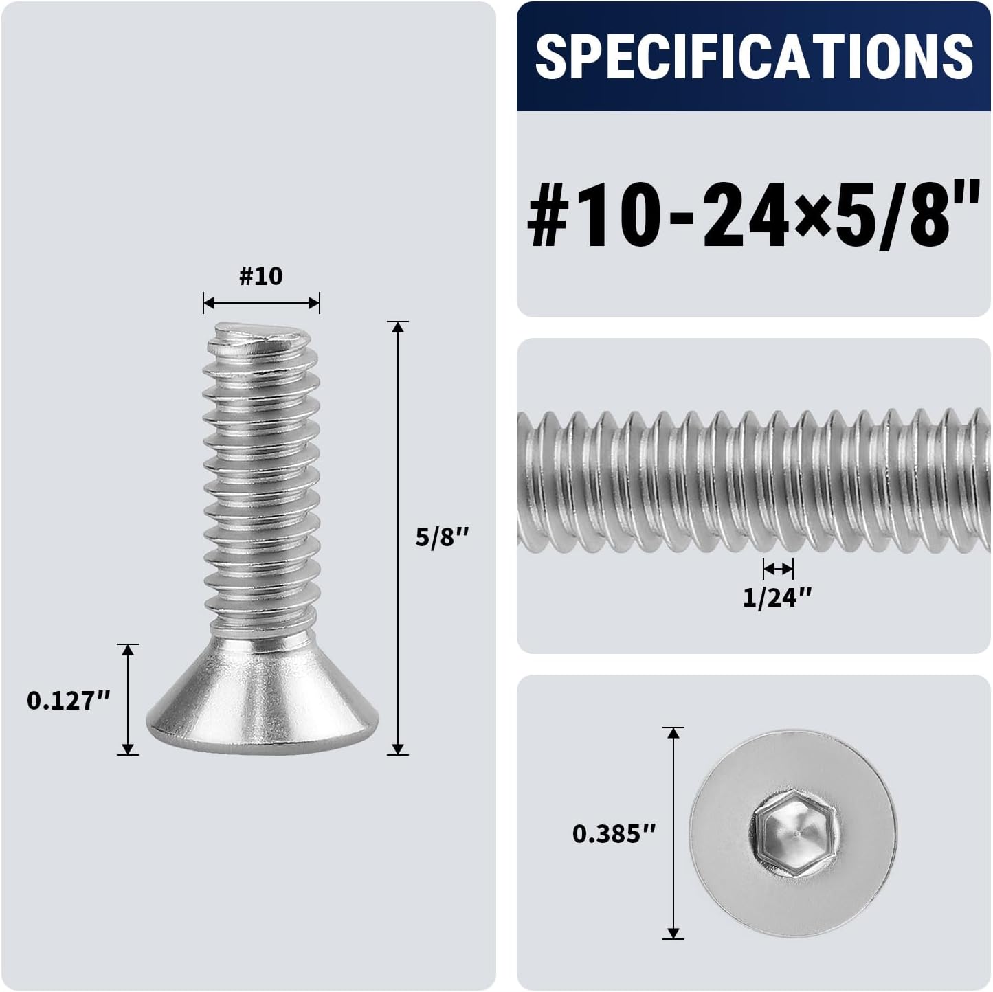 Tornillos cabeza plana acero inox 10-24x5/8 pulg 50 pzas