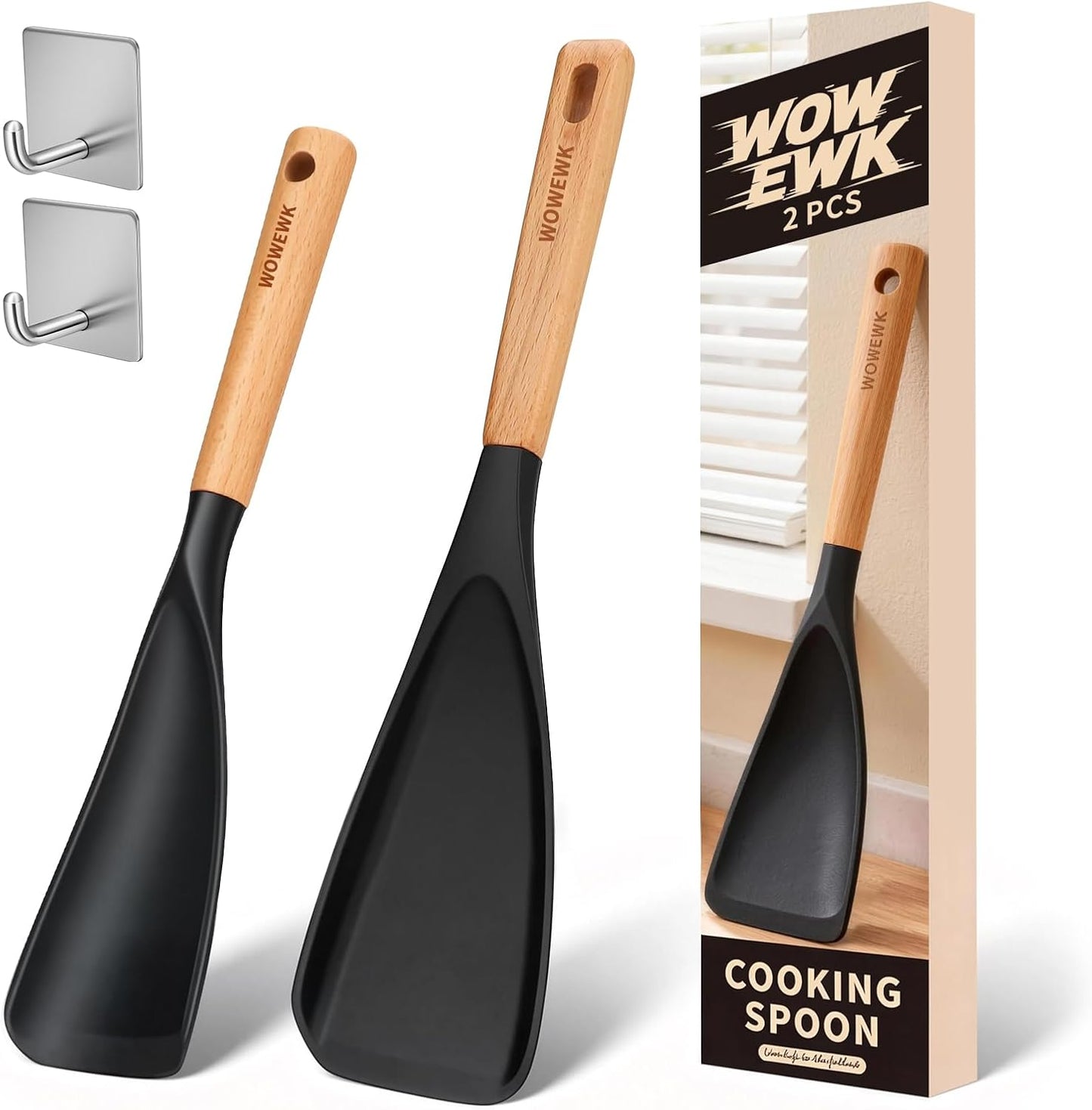 Cucharas de cocina antiadherentes de silicona sin BPA con mango de madera