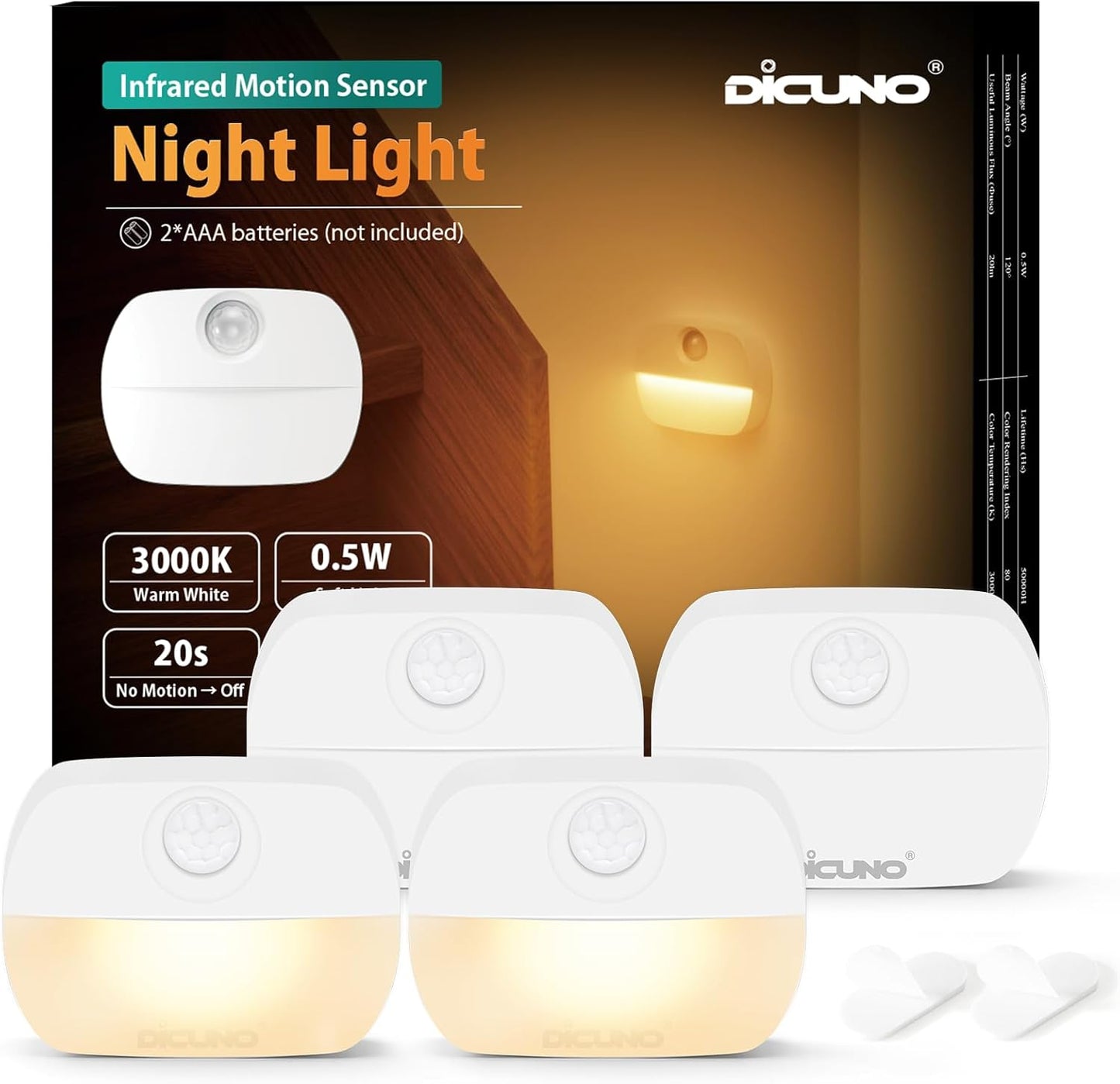 Luz Nocturna Adhesiva Sensor Movimiento 20lm 3000K Blanco Cálido