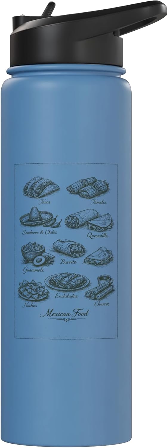Botella agua acero inox aislada comida mexicana cinco de mayo