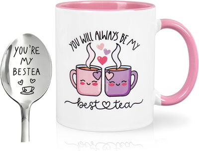 Taza de café JarThenaAMCS con cuchara y frase "Best Tea" para mejor amiga