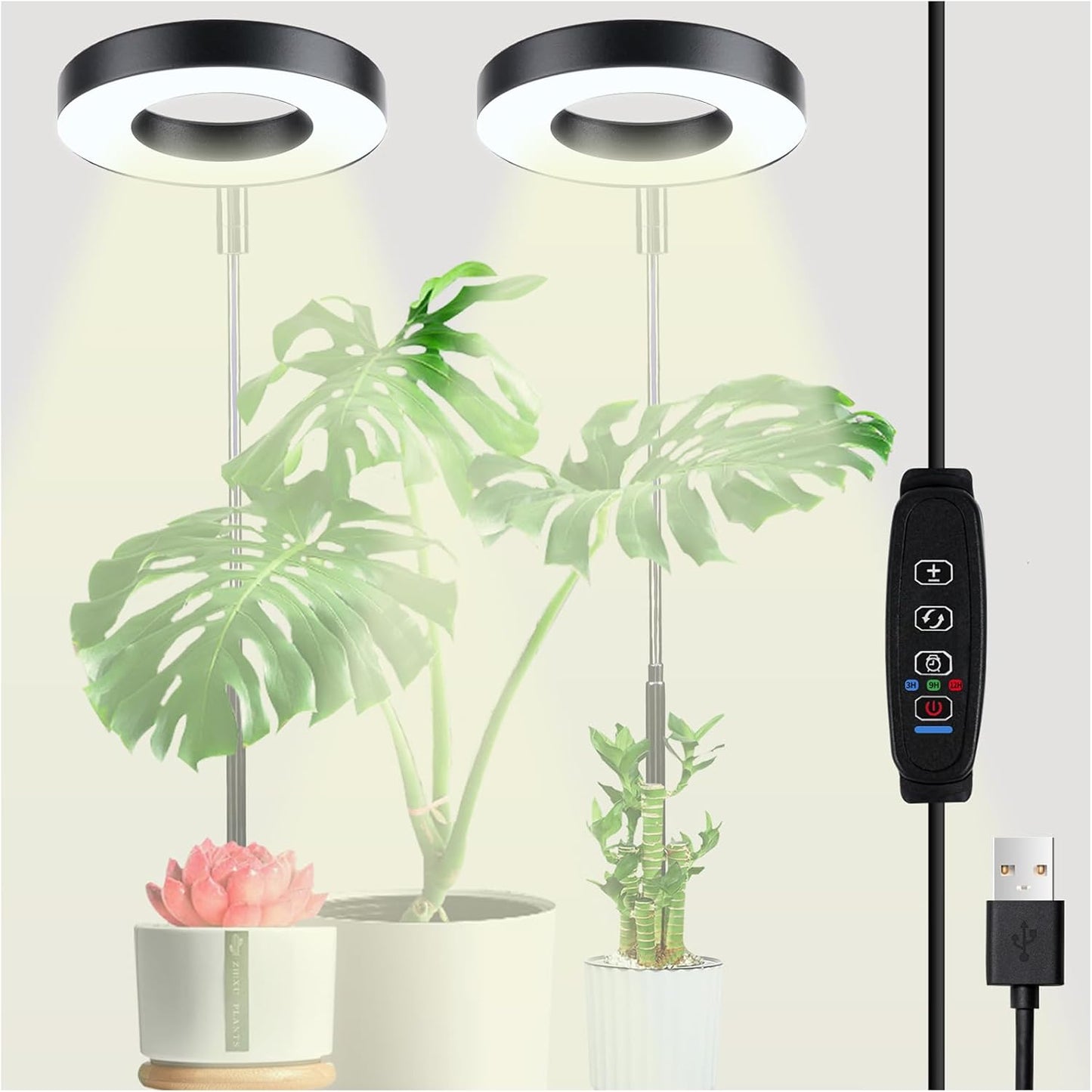 Luces cultivo LED USB ajustables 3/9/12h blanco cálido 2 cabezas