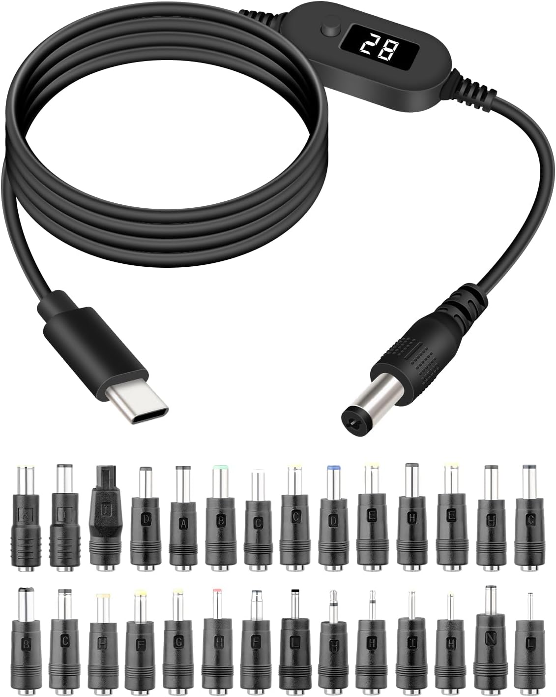 Cable USB C a CC ajustable 140 W interruptor 5-28 V kit 28 enchufes