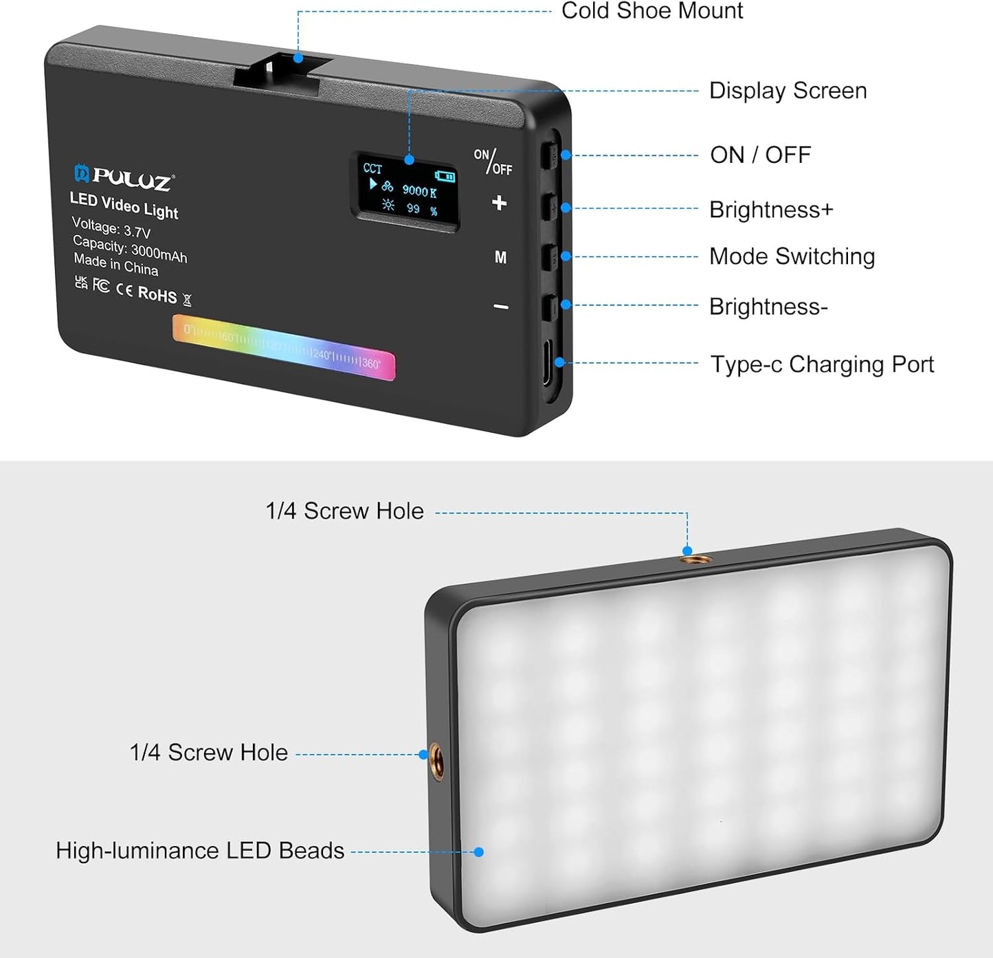 Panel luz LED RGB portátil 0-360 con zapata 1/4