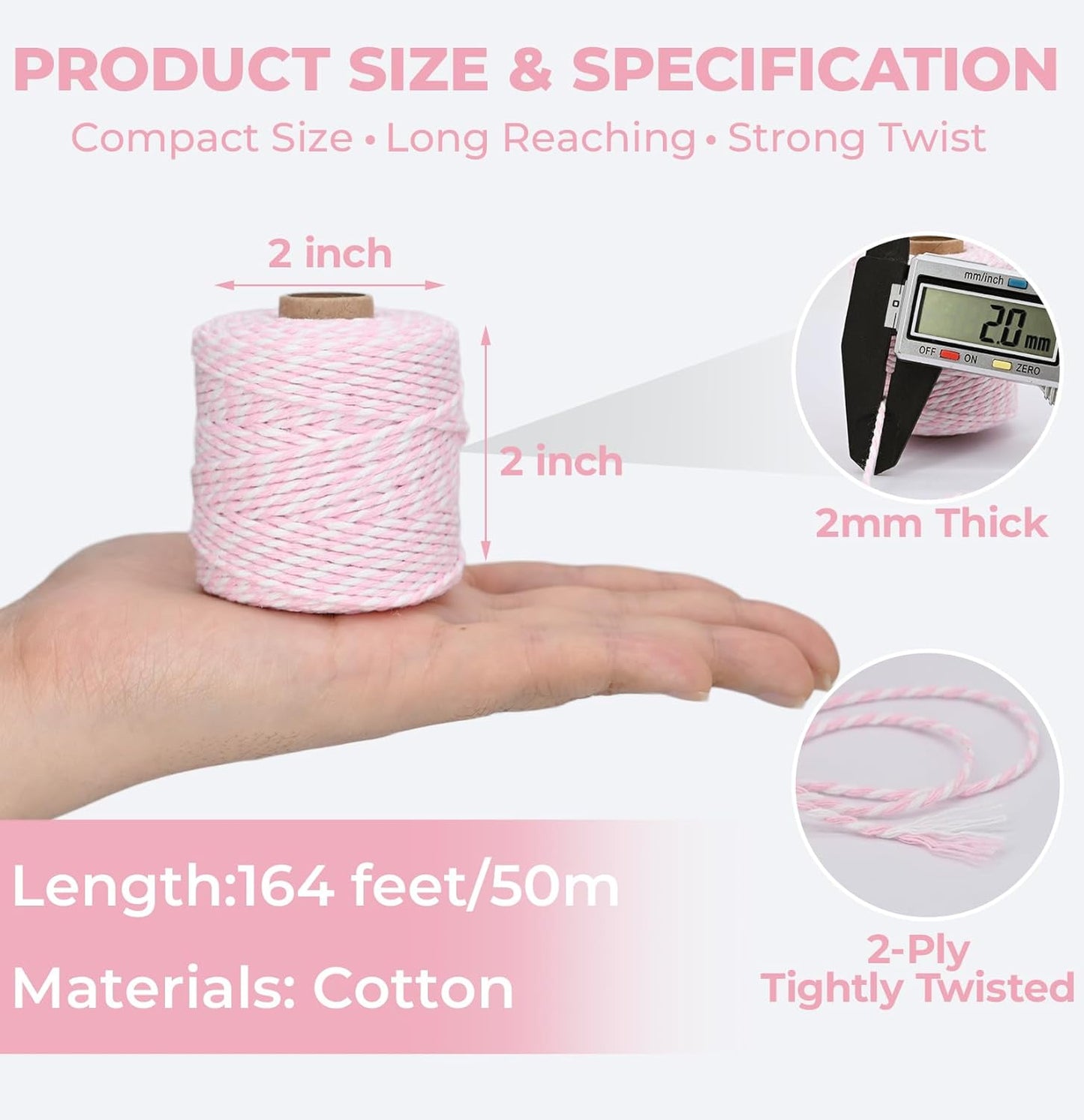 Cuerda algodón rosa y blanco 164pies 0.079pulg para manualidades
