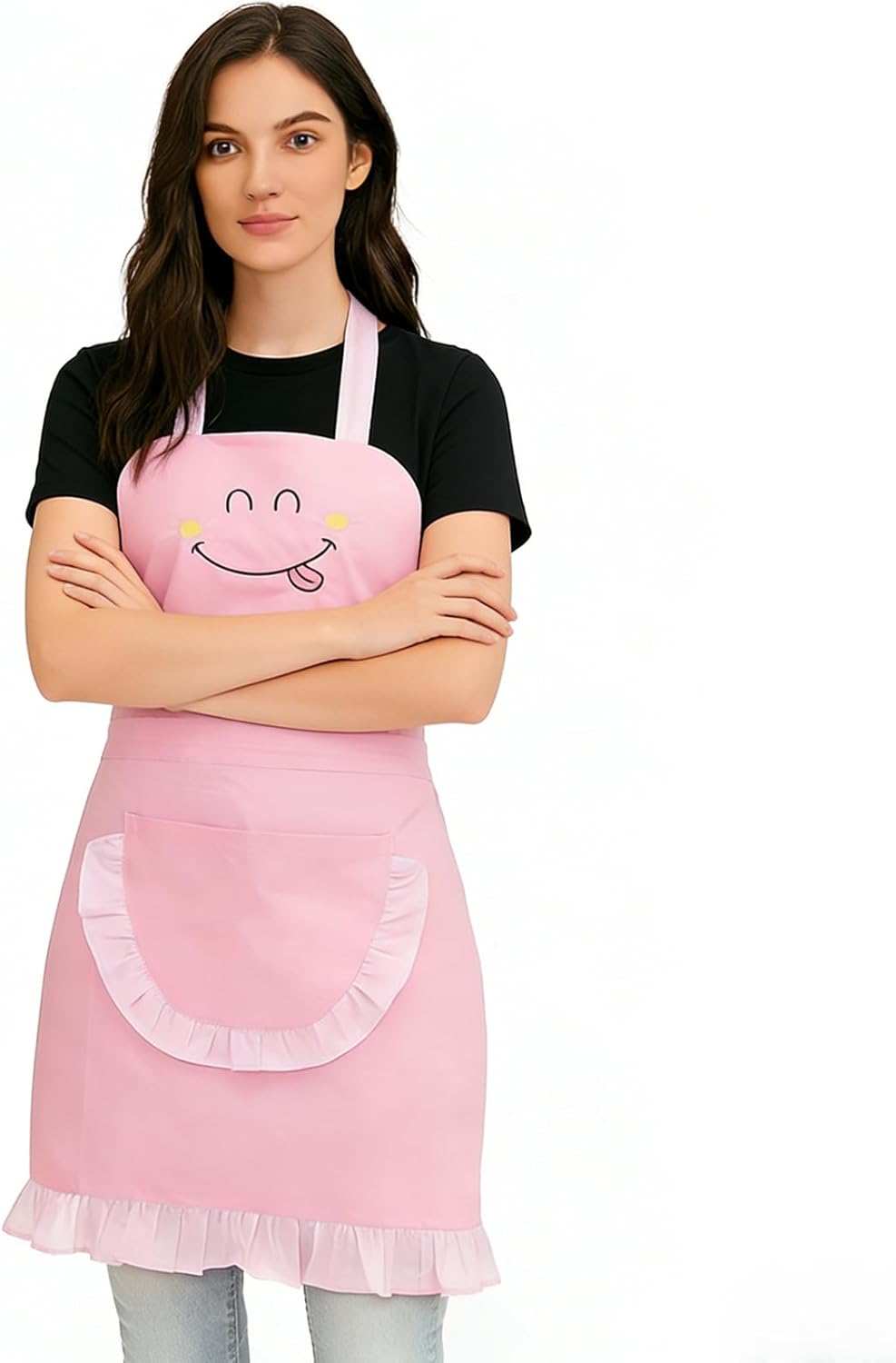 Delantal rosa Love Potato Bonito con cara sonriente, correas ajustables y bolsillo para cocina