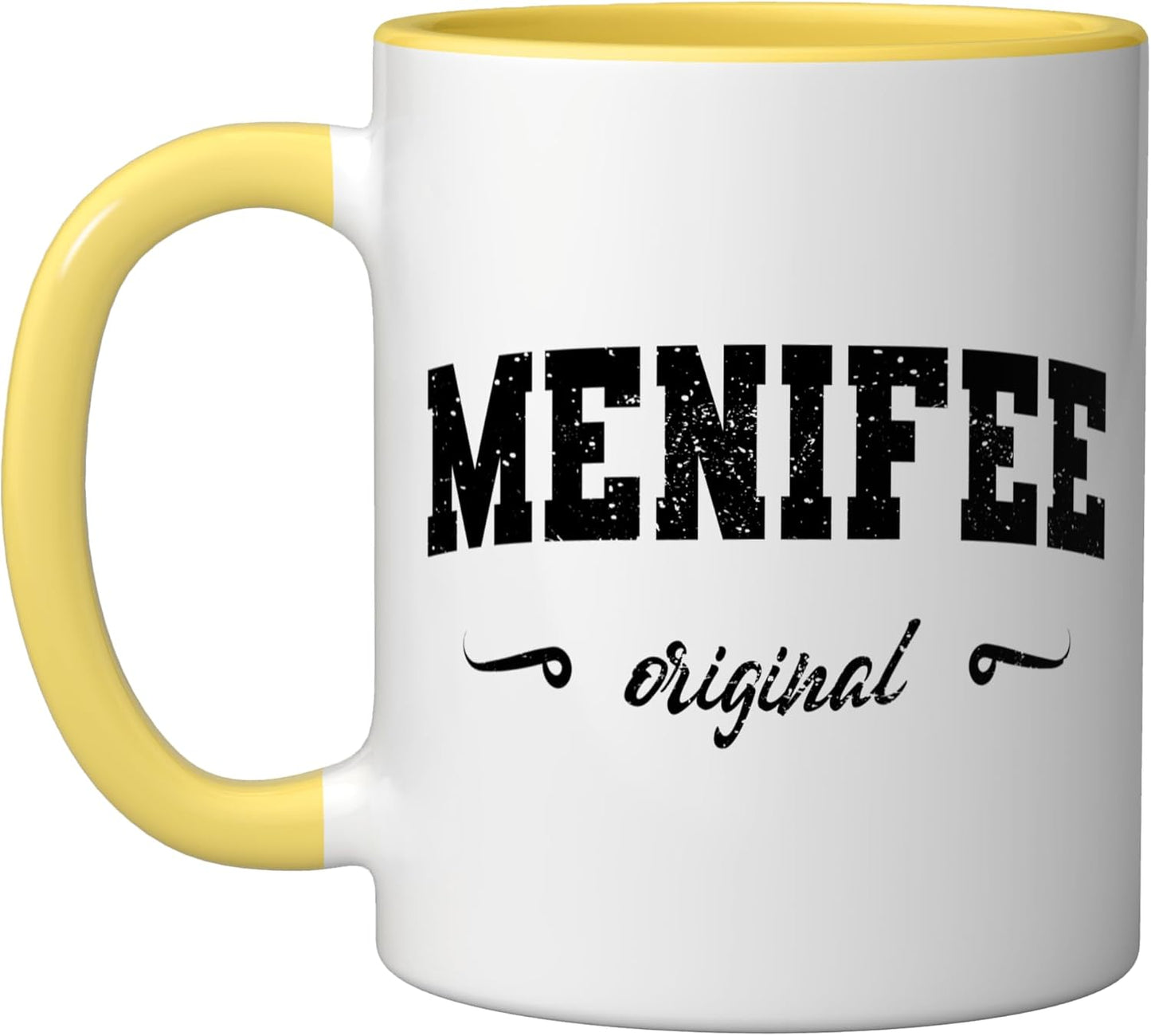 Taza Cerámica Menifee Calif. Estilo Retro Amarillo/Blanco