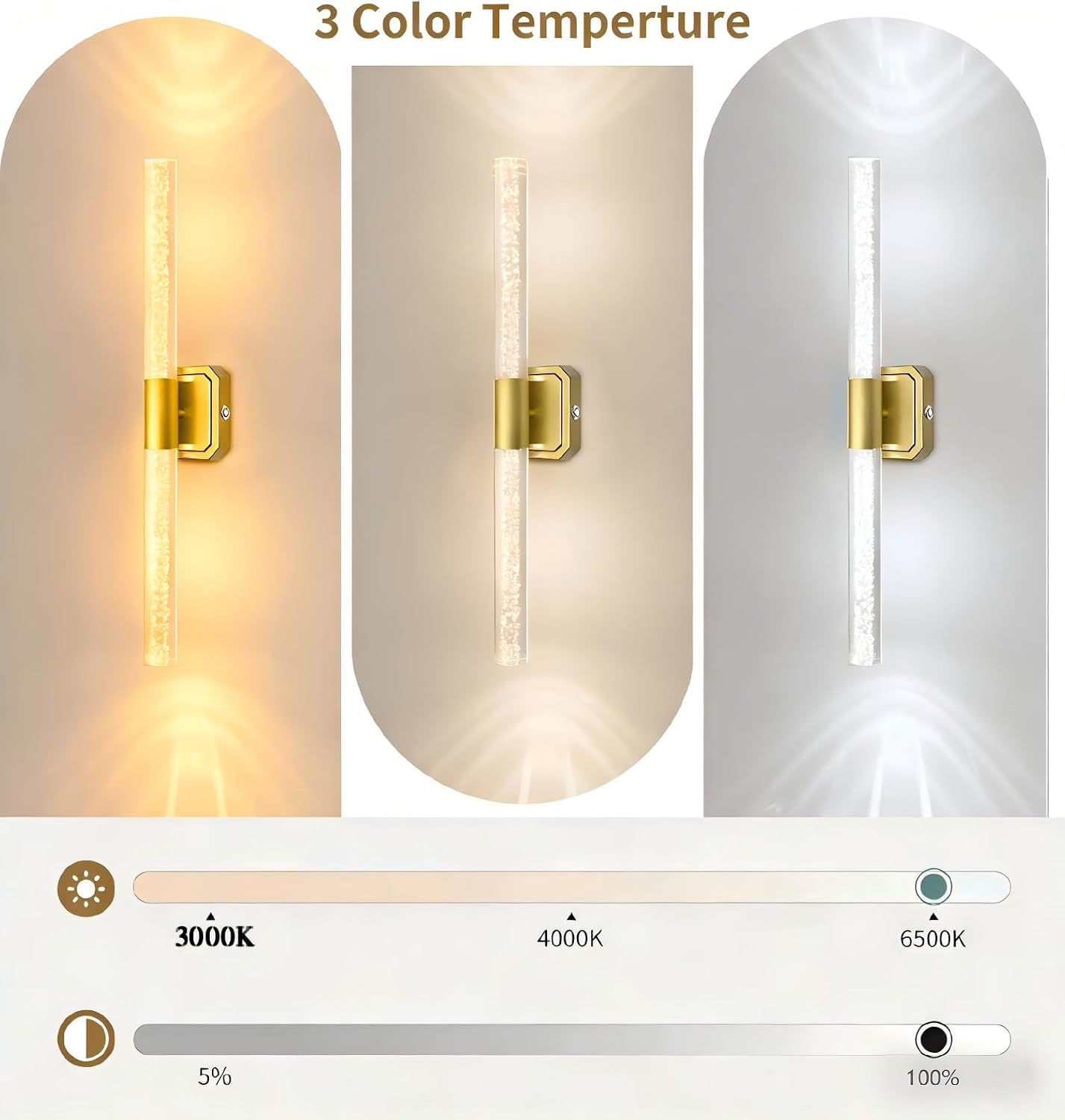 Aplique pared cristal dorado recargable 360° para baño y pasillo