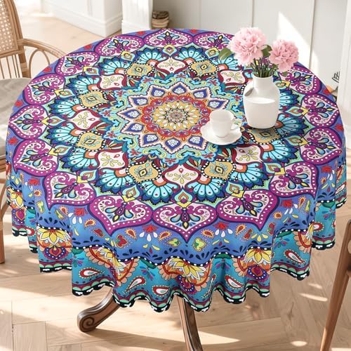 Mantel redondo bohemio de poliéster lavable resistente a manchas y arrugas 60 pulgadas