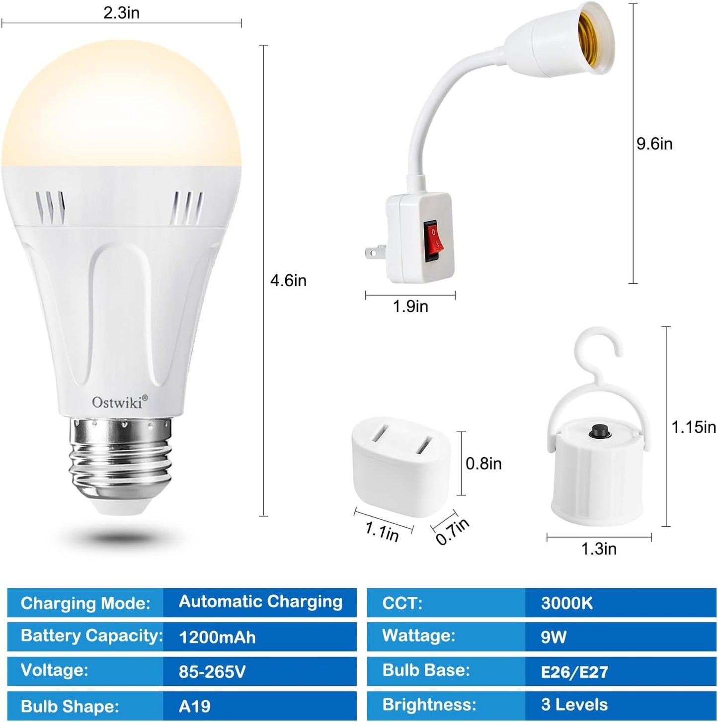 Bombillas LED recargables A19 E26 9W 3000K paquete 6