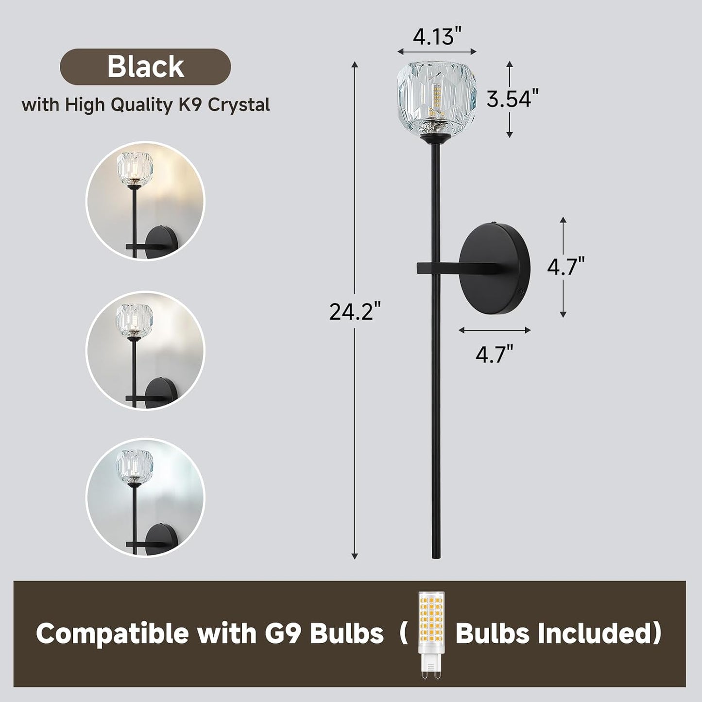 Lámpara pared cristal negro set 2 luces G9 vintage