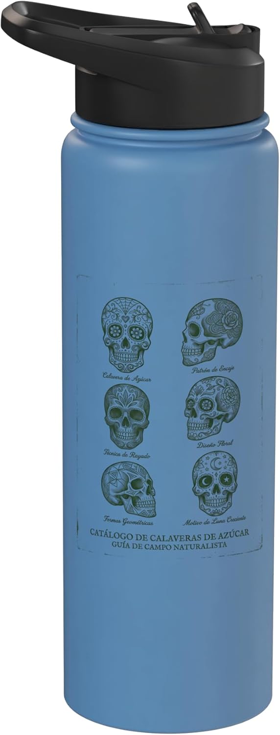 Botella de agua aislada de acero inoxidable con calaveras de azúcar