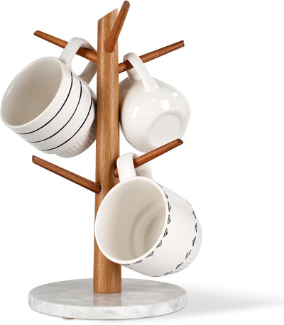 Árbol de taza de madera de acacia con base de mármol y 6 ganchos