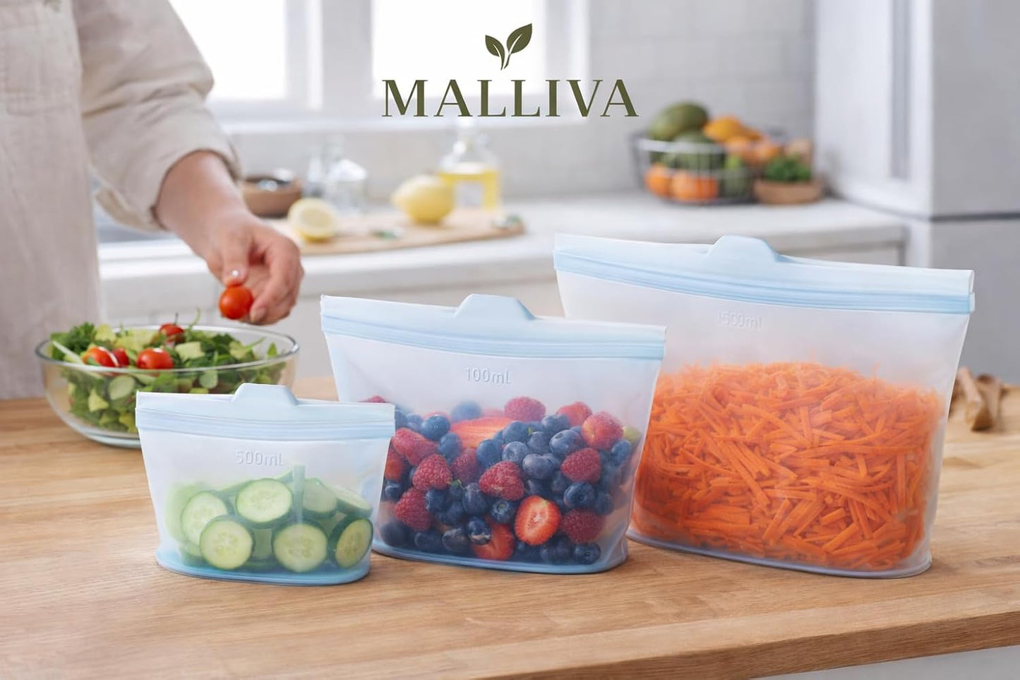 Bolsas de almacenamiento de alimentos de silicona reutilizables paquete de 3