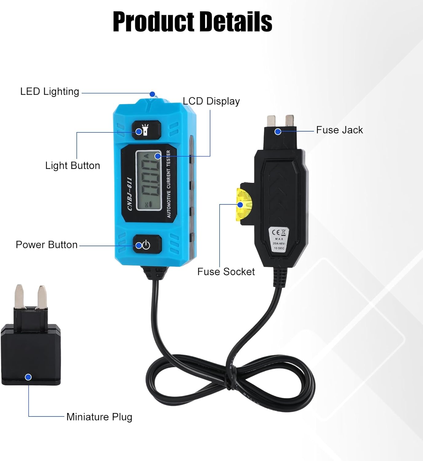 Probador circuito automotriz 20A 48V con luz LCD azul