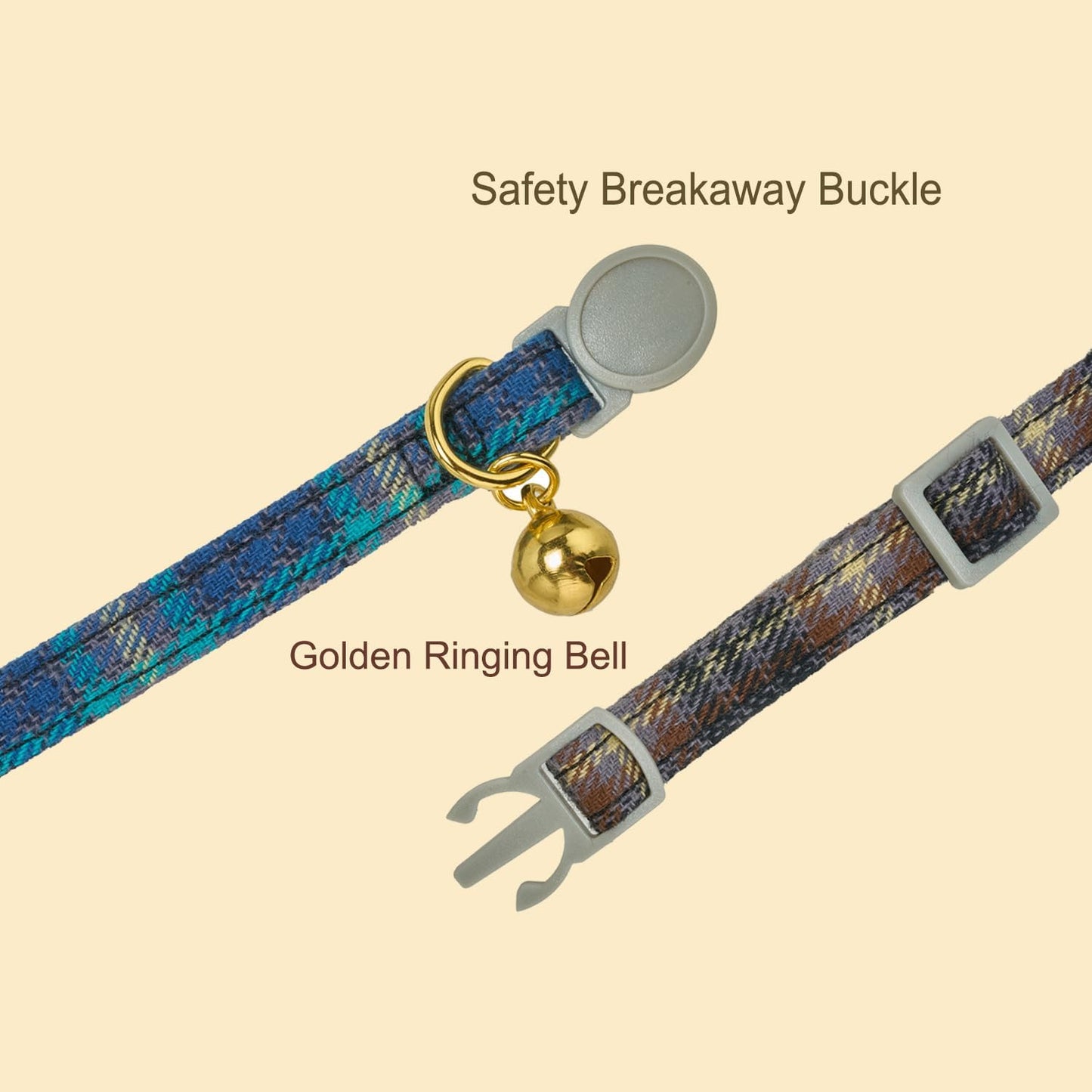 Collar gato algodón pajarita campana set 2 cuadros tweed azul