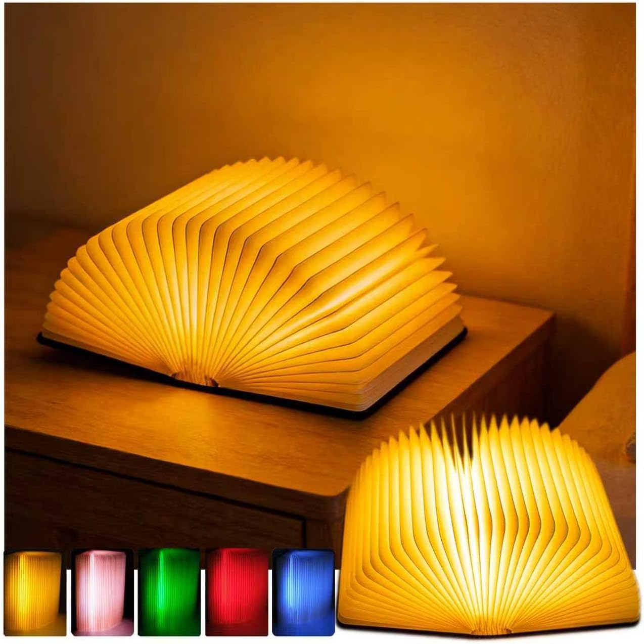 Lámpara libro madera plegable 5.5pulg 5 colores recargable USB