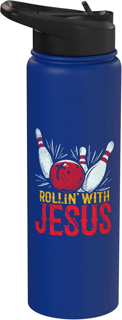 Botella de agua acero inoxidable aislada con diseño de jugador de bowling