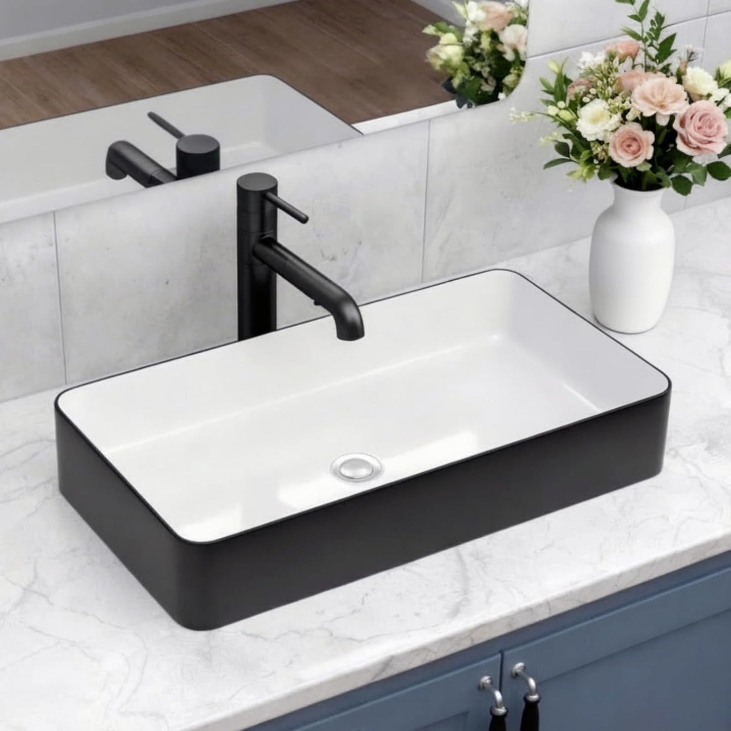 Fregadero rectangular 24x14pulg porcelana blanca y negra