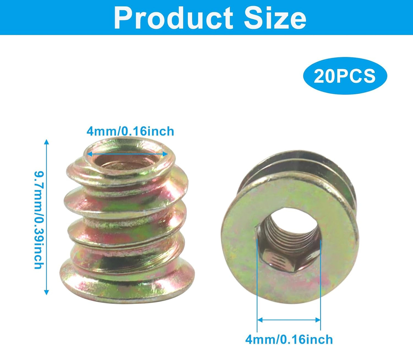 20 Pzas Insertos M4 x 0.394pulg Tuercas Hexagonales para Muebles
