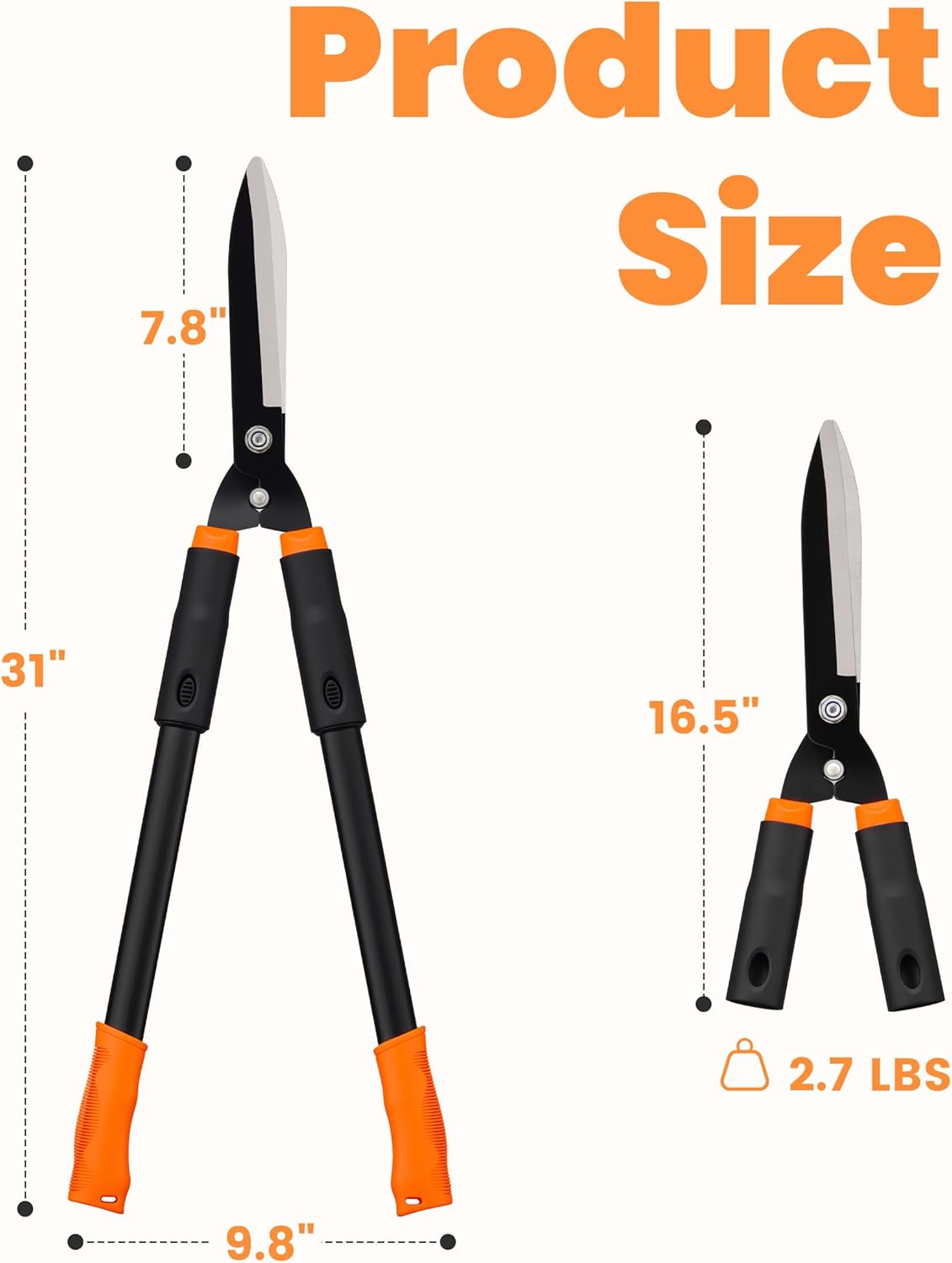 Tijeras jardín 31pulg mango ajustable hoja afilada negro/naranja