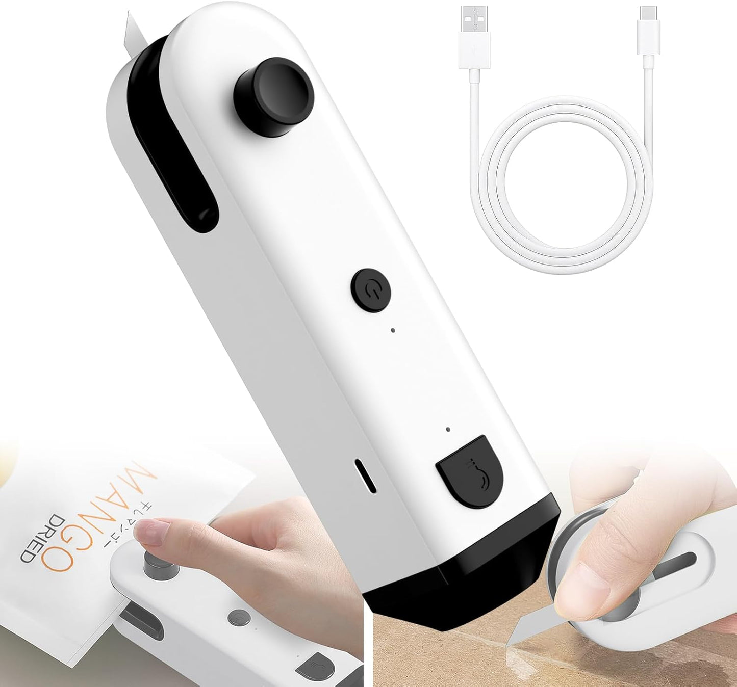 Mini sellador de bolsas con cuchillo/imán recargable USB-C para plástico, dulces y alimentos (blanco)