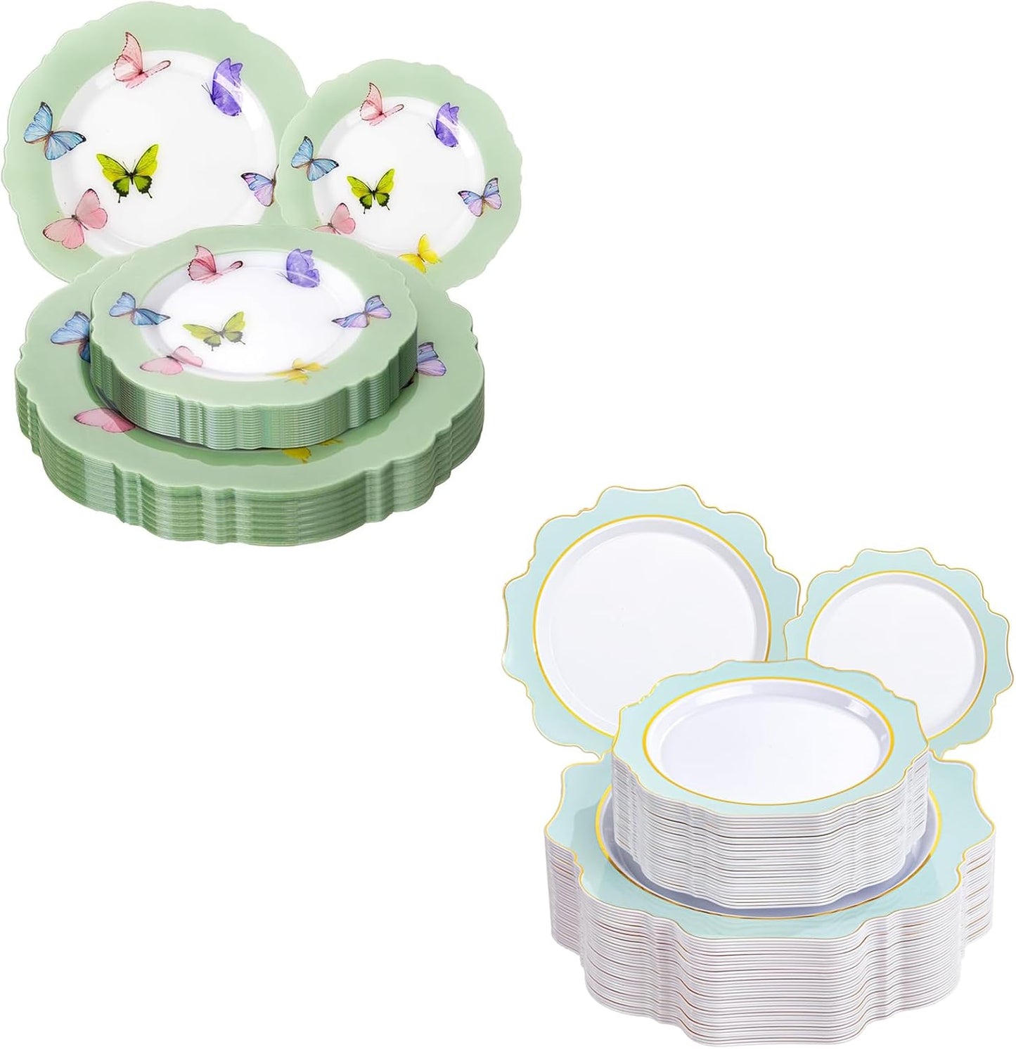 Set 20 Platos Mariposa Verde y 100 Plásticos Verde Menta
