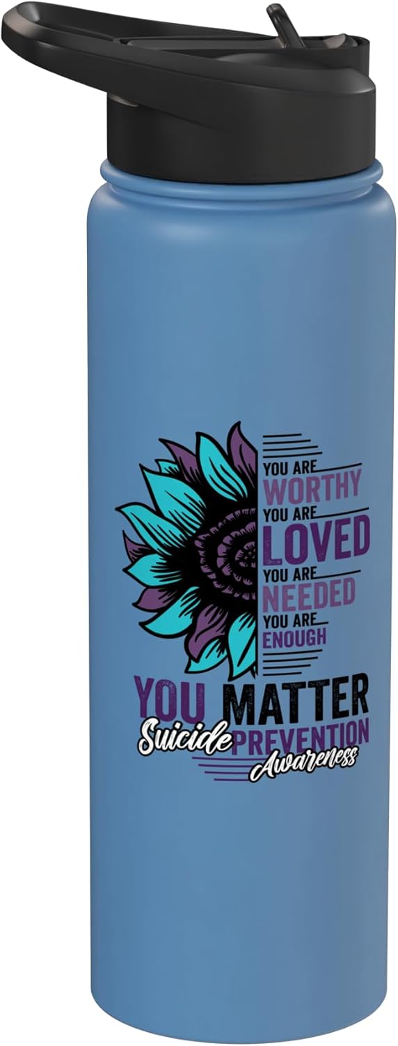 Botella de agua acero inoxidable sin BPA con mensaje de prevención del suicidio