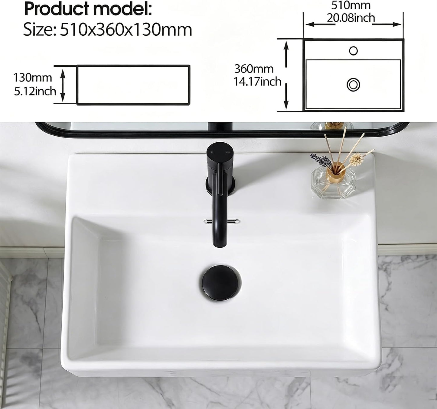 Lavabo pared 20x14pulg fregadero porcelana blanca flotante RV