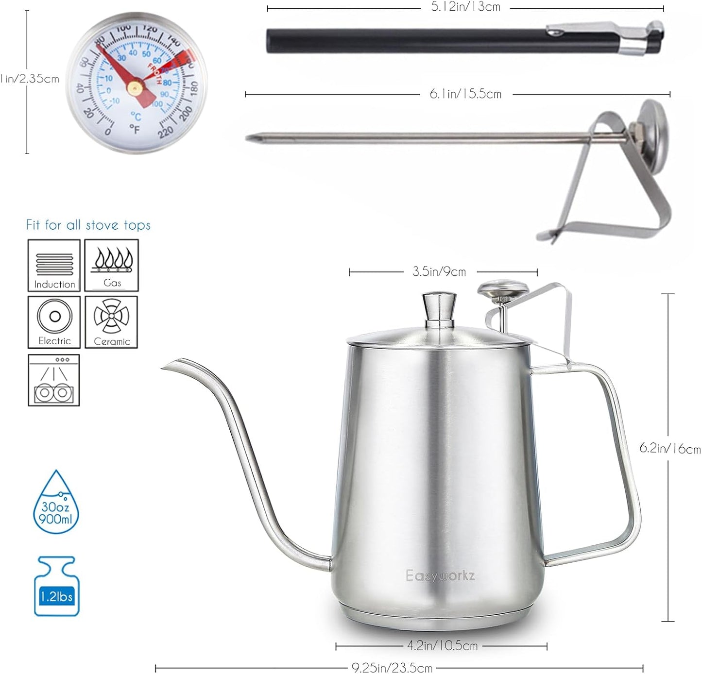 Tetera Pour Over 30oz con Cuchara Acero Inox