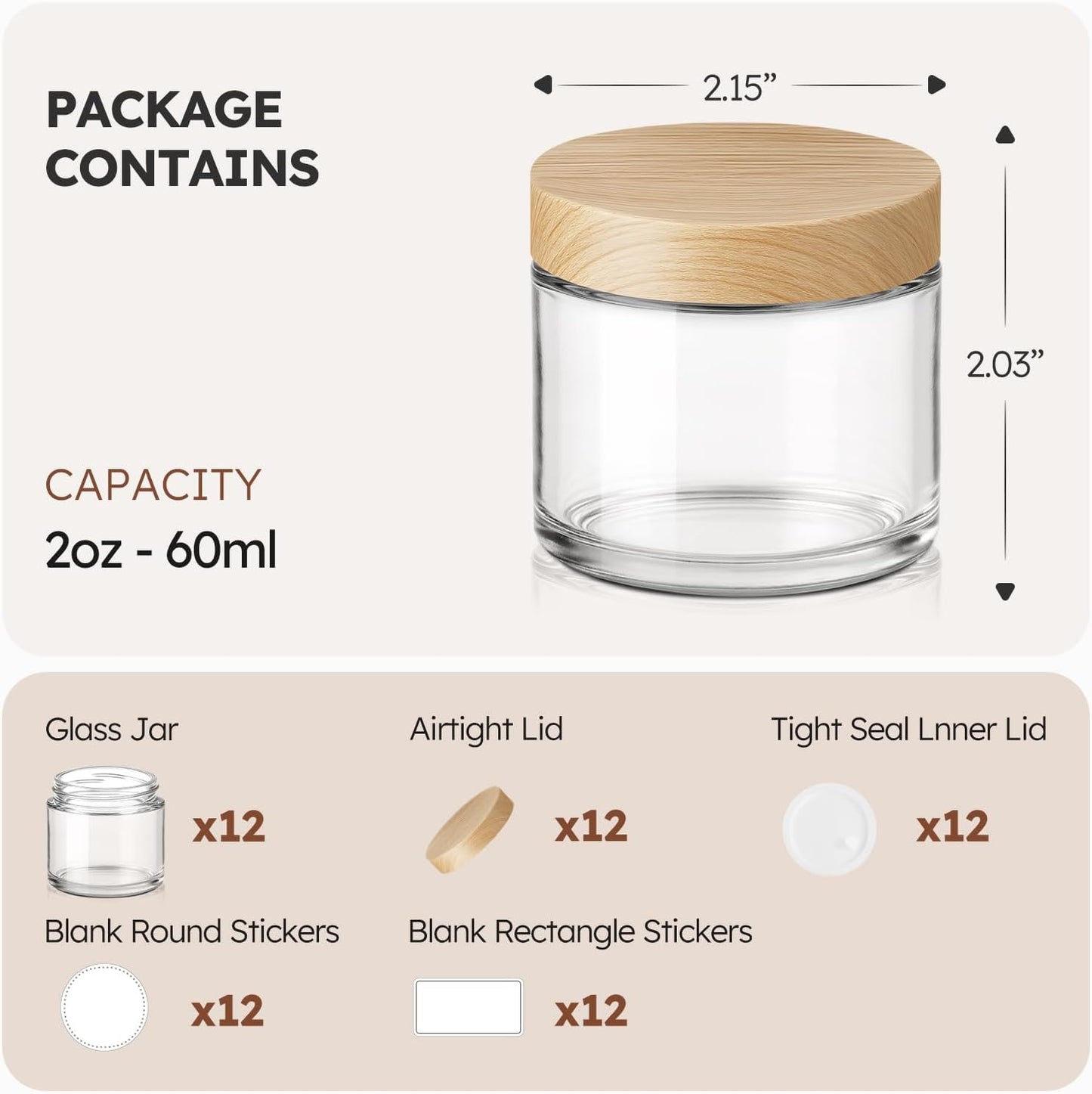 12 Pzas Tarros Vidrio 2oz Tapas Plástico Viaje Reutilizables