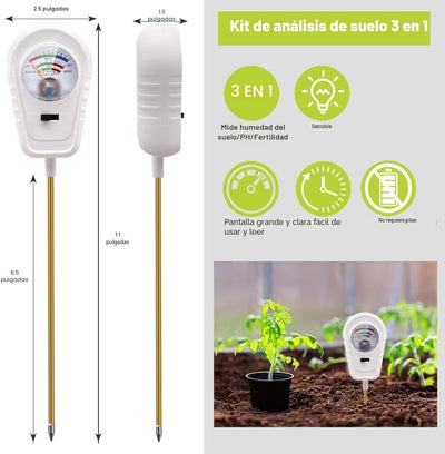 Kit prueba suelo 3en1 medidor pH humedad fertilidad jardín