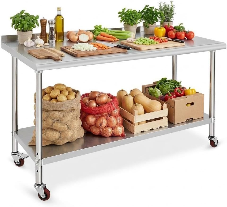 Mesa de preparación de cocina comercial de acero inoxidable con almacenamiento