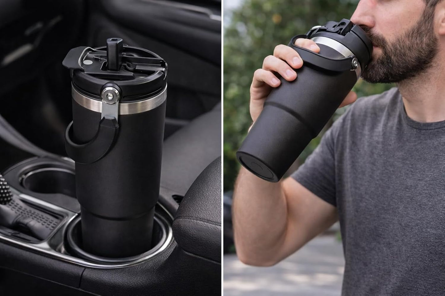 Vaso térmico acero inox 30oz con tapa 3 vías mango plegable