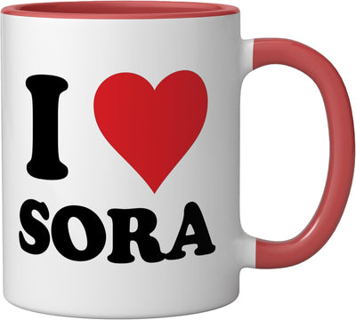 Taza de cerámica personalizada con nombre Sora, color rojo y blanco