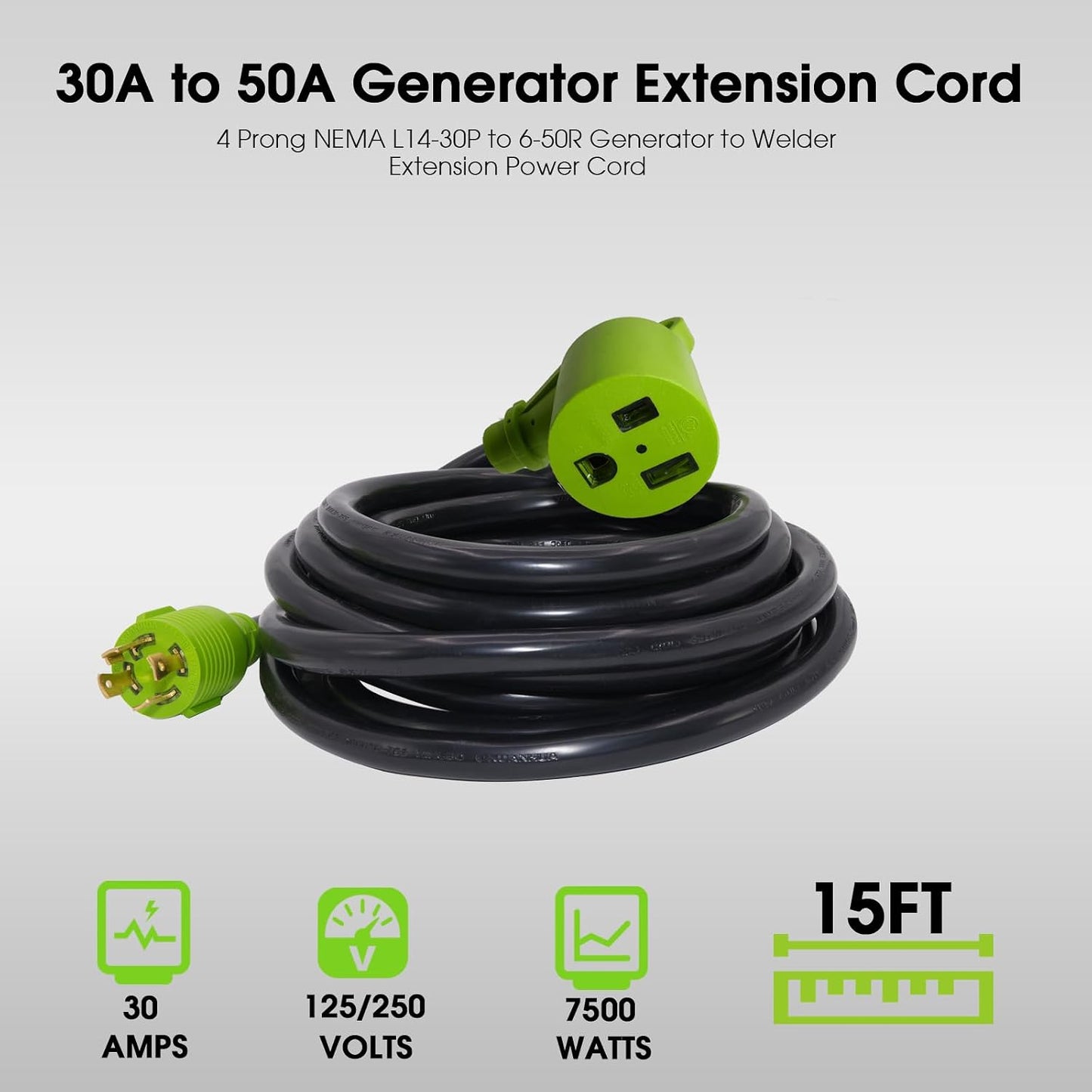 Cable adaptador soldador L14-30P a 6-50R 10 AWG ETL 15 pies