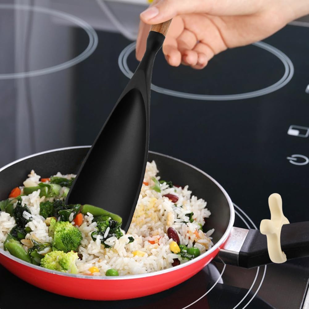 Cuchara de silicona para cocina antiadherente con mango de madera y soporte de clip (negro, 12.8)